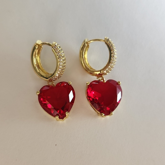 New 18K Gold Plated Large Heart Shaped Ruby Diamond Dangle Drop Hoop Earrings - Picture 2 of 10